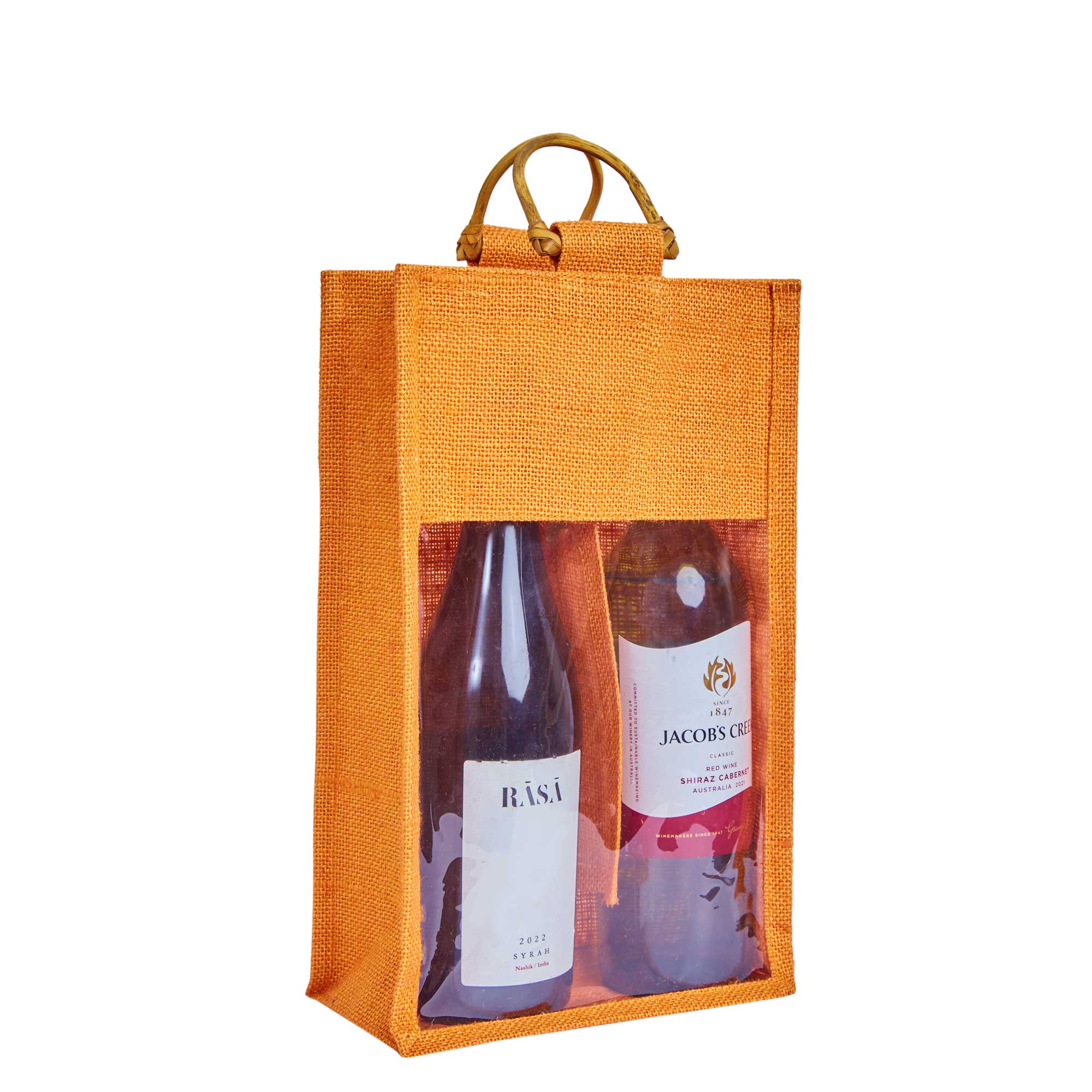 ecojutebags – wholesale Wine gift bag – 6-Pack Burlap Wine Bags with Cane Handle & Clear PVC Window27