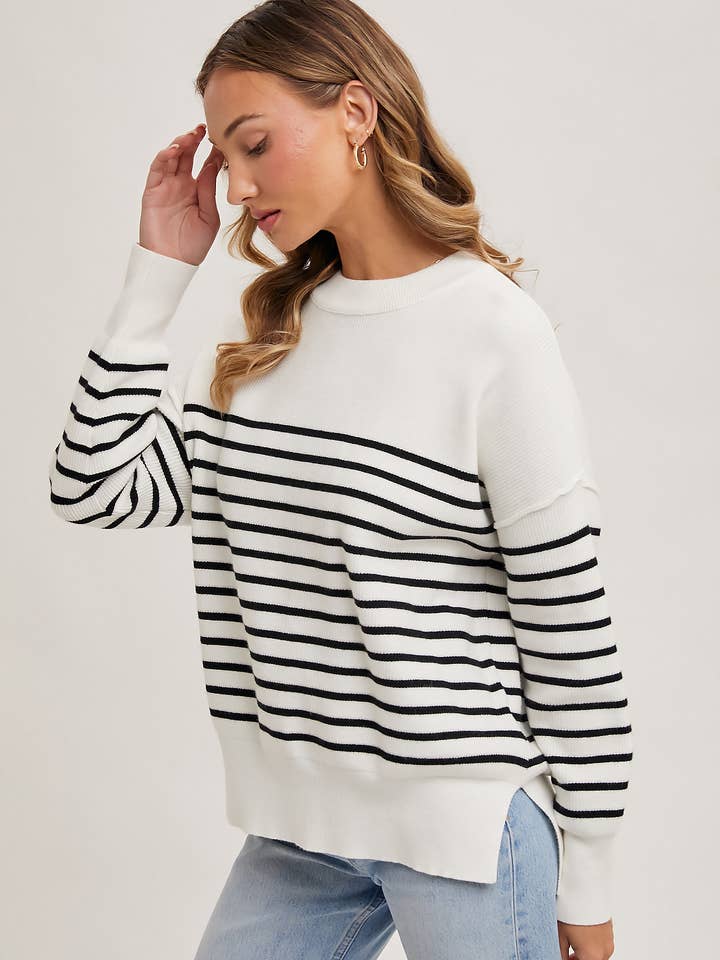 Bluivy - Wholesale Knit Sweater - Women's - STRIPED KNIT SIDE SLIT SWEATER TOP
