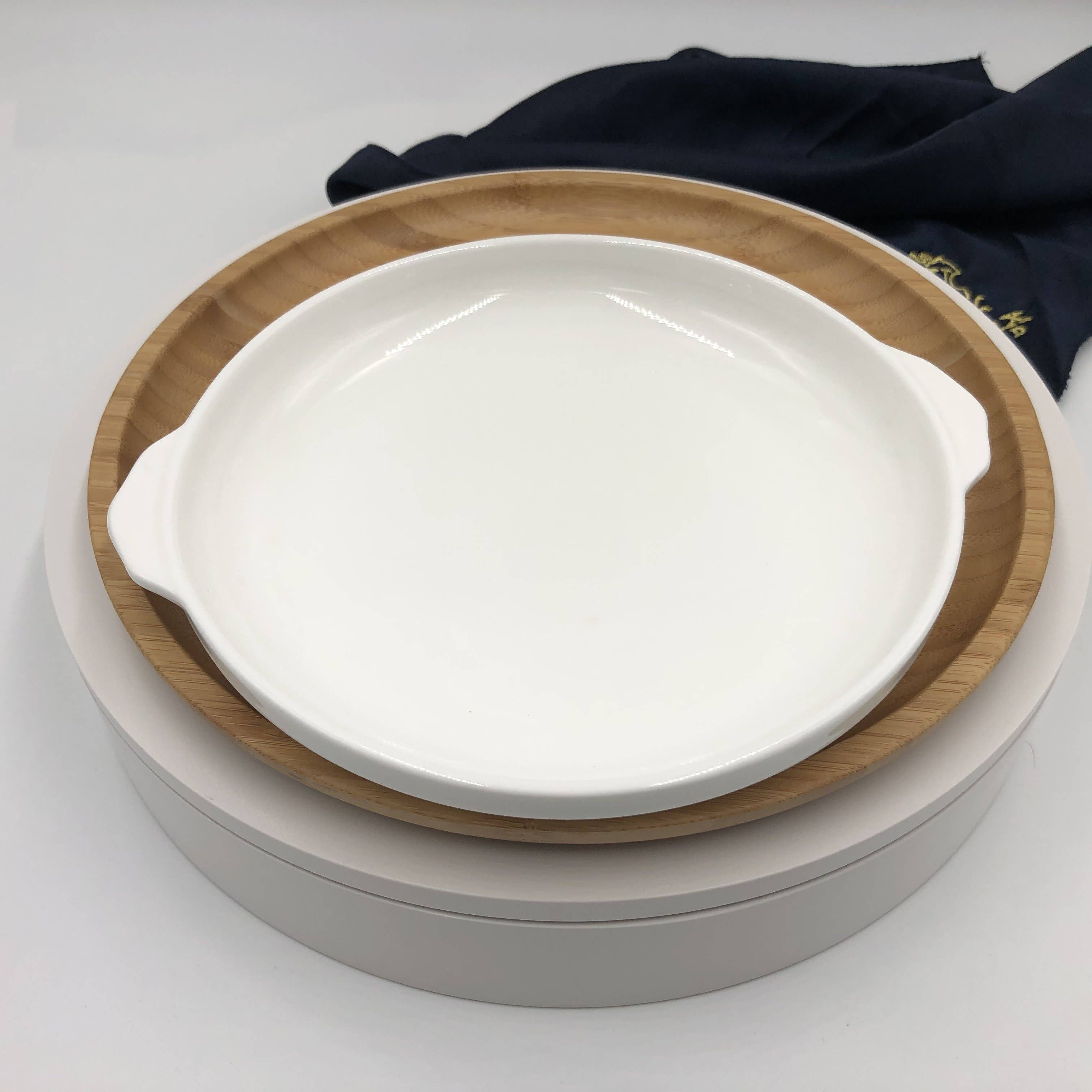WILMAX USA - Wholesale Dinnerware Set - Bamboo and Fine Porcelain Round Baking Dish/Plate Setting1