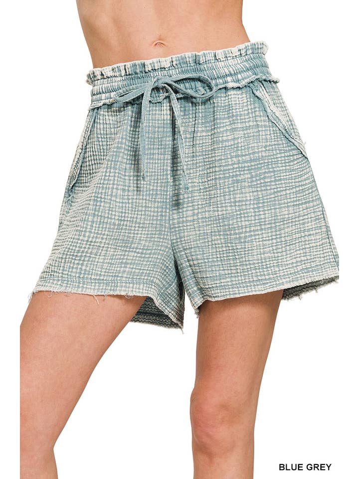 Vanilla Monkey - Wholesale Shorts - Women's - Washed Double Gauze Frayed Hem Drawstring Shorts