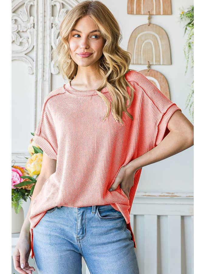 7th Ray - Venta al por mayor Túnica - Mujer - Top de manga corta con hombro caído, costilla sólida y abertura lateral T516021