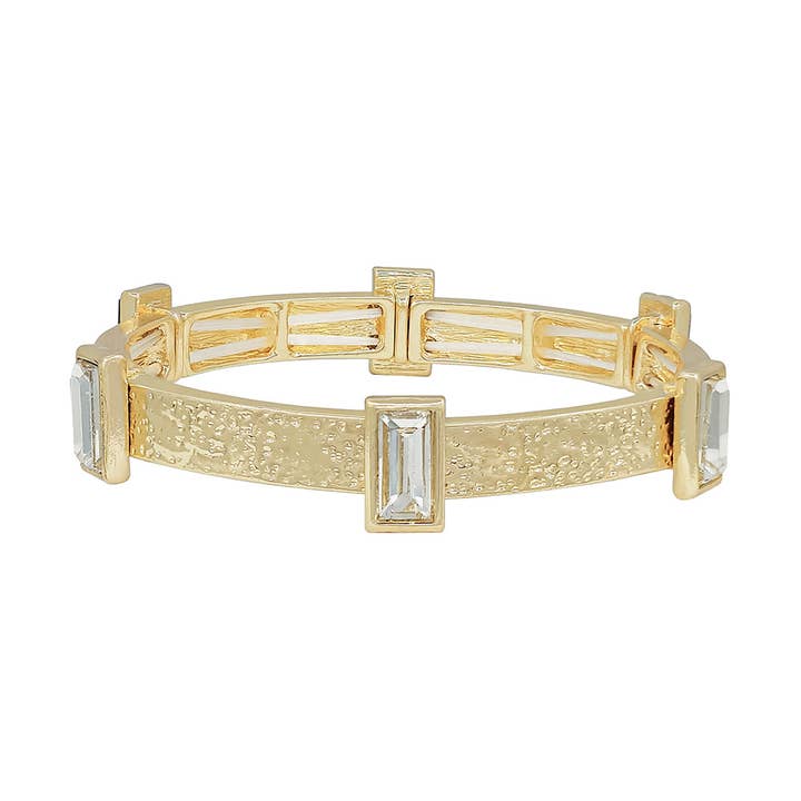 Textured Gold with Clear Rectangle Crystals Stretch Bracelet for wholesale by What's Hot