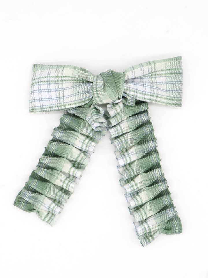 Ruched Check Bow Clip in Green for wholesale by My Accessories London