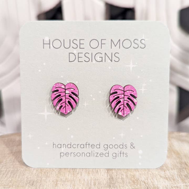 Pink Monstera Deliciosa Stud Earring for wholesale by House of Moss Designs