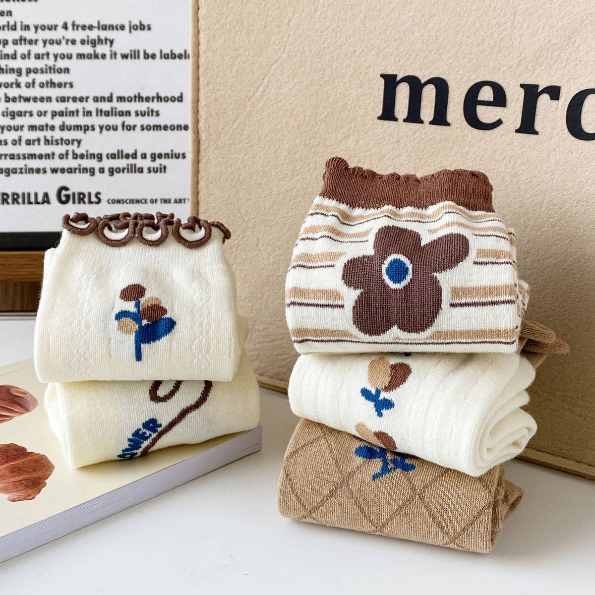 ACCITY - Wholesale Socks - Women's - White coffee color Floral Print Crew Socks_CWMS02989