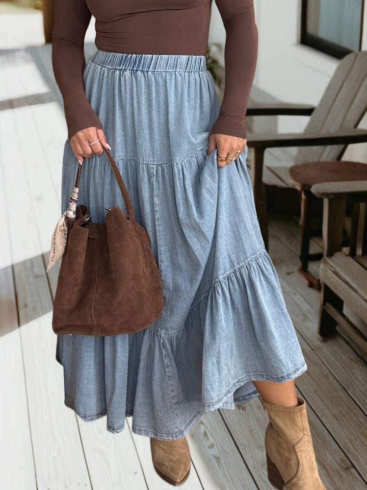 Jupe longue en jean évasée à volants et taille élastique (S-XL) pour la vente par 66DISCO