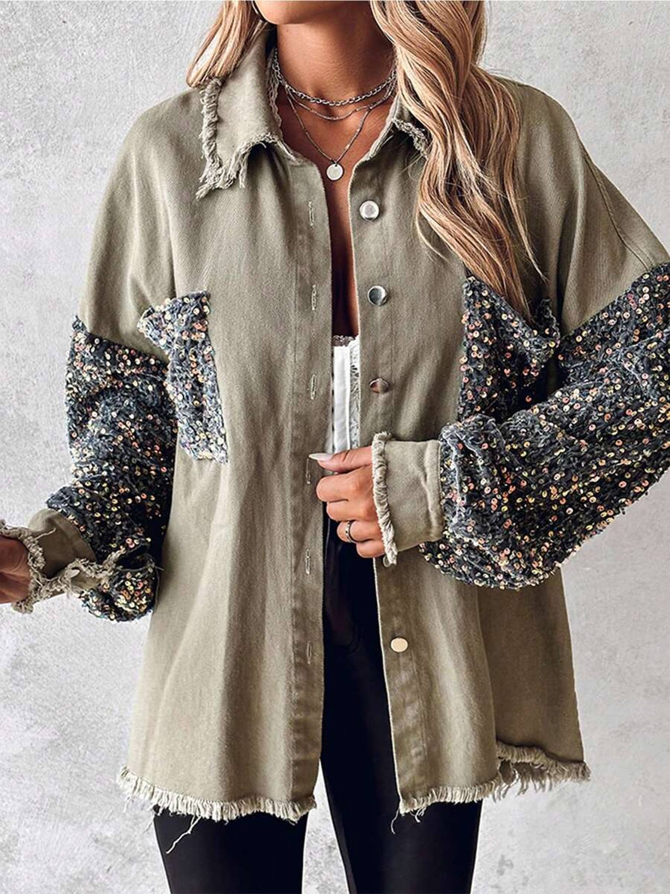 ElevateWell - Vente Veste en jean – femme - Veste en jean vintage à sequins à manches longues1