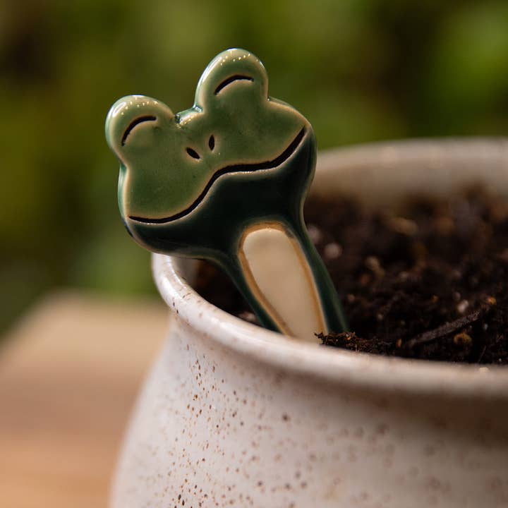 Frog plant stakes for wholesale by Pantless Potter