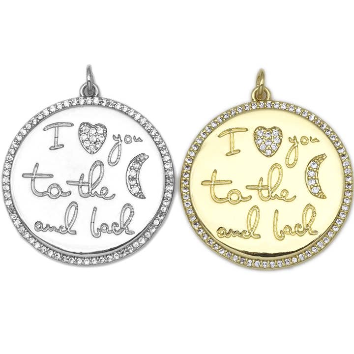 CZ Micro Pave Word Heart Moon on Round Coin Pendant/Charm, 18K Gold Filled Medallion Charm,Necklace Bracelet Pendant Charm,29x31mm,Sku#L608 for wholesale by BestBeads&Beyond