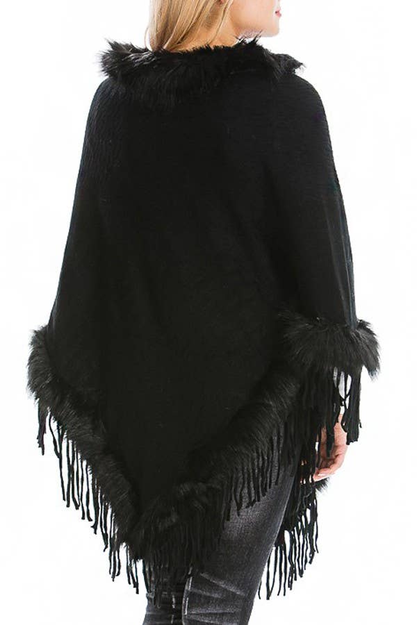 Cap Zone – wholesale Poncho – Women's – Faux Fur Lined Fringe Trim Pullover Poncho2