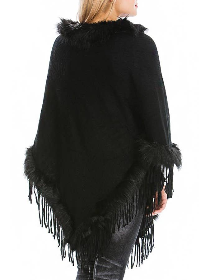 Cap Zone – wholesale Poncho – Women's – Faux Fur Lined Fringe Trim Pullover Poncho2