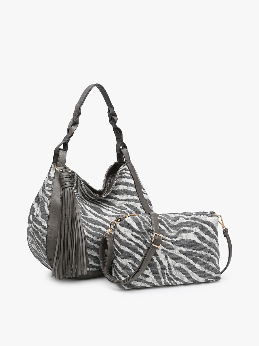 Jen & Co. – wholesale Shoulder bag – women's – M2255 Nori Zebra Printed Hobo w/ Large Tassel1