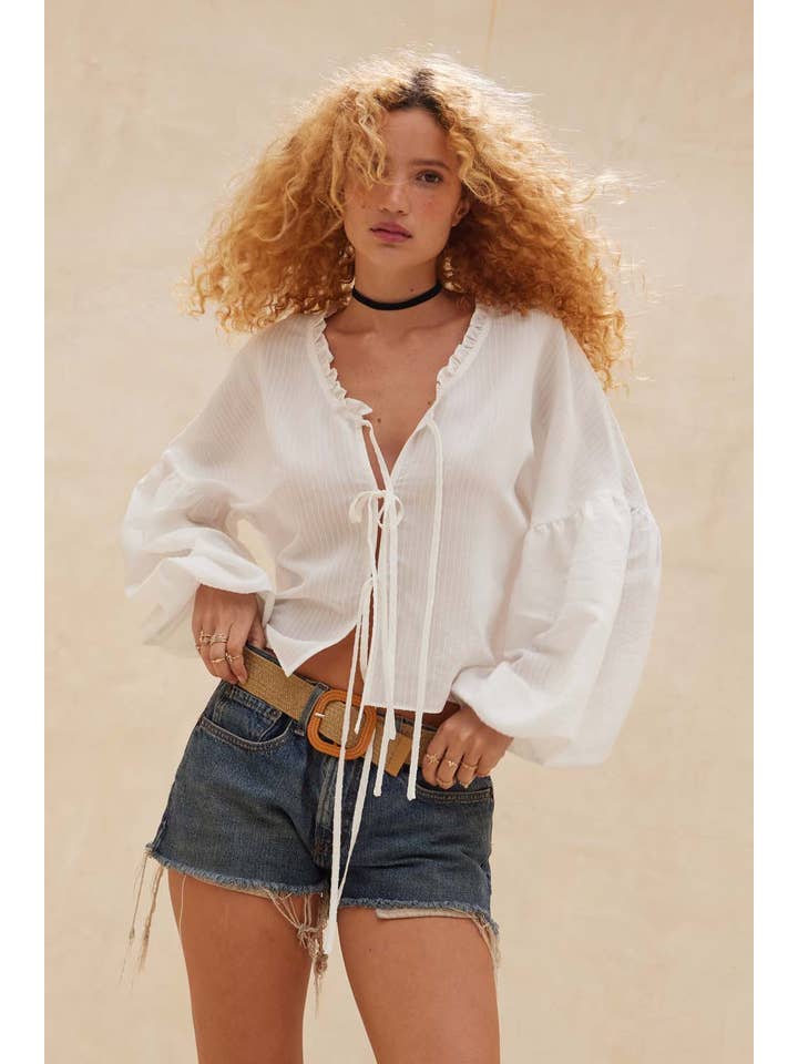 Promesa USA - Wholesale Blouse - Women's - Tonal-Stripe Tie-Front Balloon-Sleeve Top