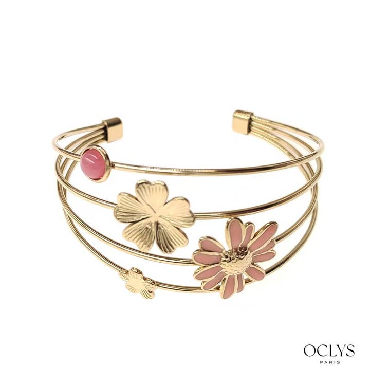 Oclys - Wholesale Cuff Bracelet - Fina gold stainless steel floral cuff bracelet2