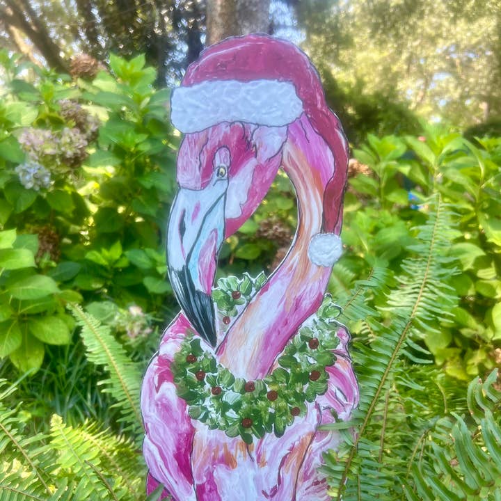 The Happy Butterfly – wholesale Garden/lawn stake – Coroplast Stake: Christmas Flamingo0