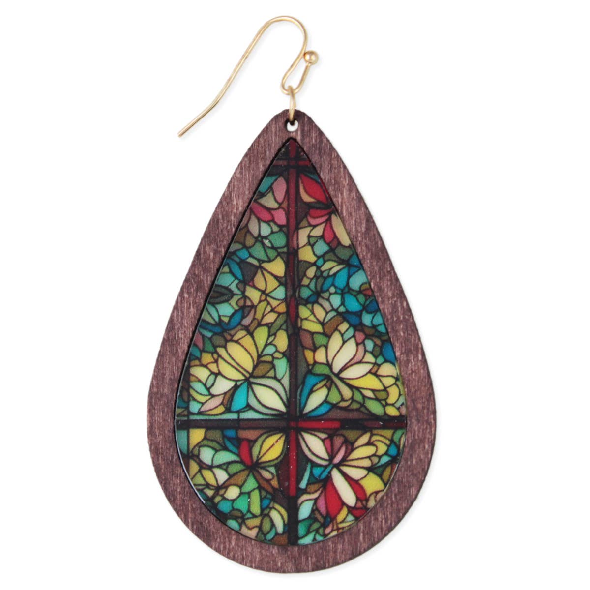 ZAD - Wholesale Dangle Earrings - Yellow Flower Stained Glass Print Wood Earrings2