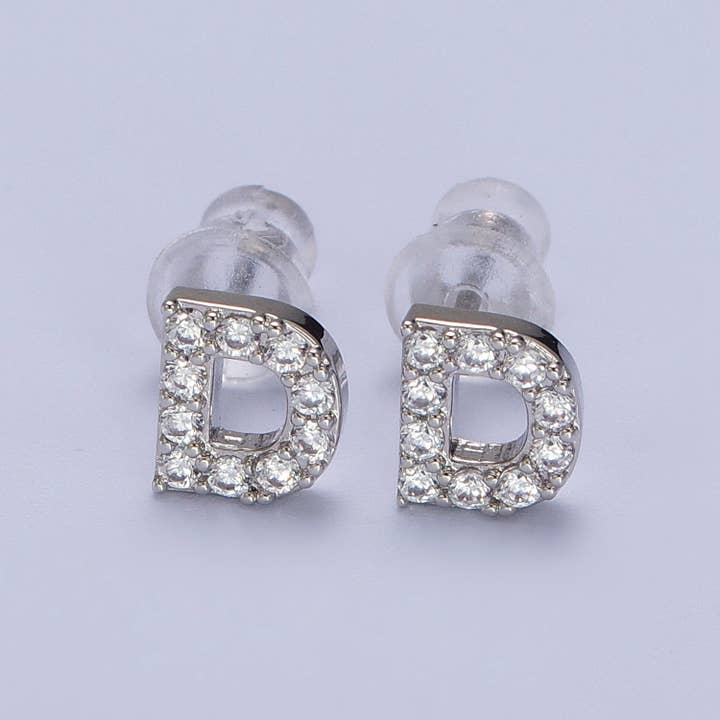 Aim Eternal - Wholesale Stud/Post Earrings - White Gold Filled Tiny Initial Letter Diamond CZ Silver Stud5