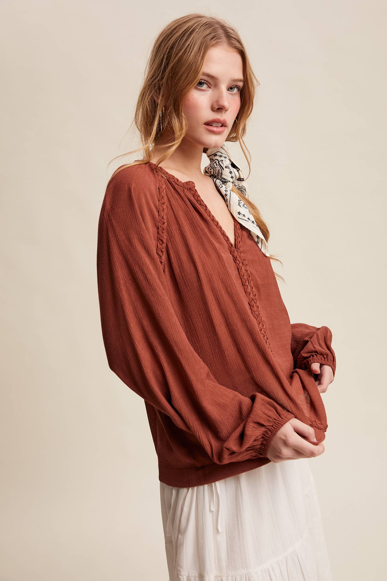 Listicle - Wholesale Blouse - Women's - Braided Trim Peasant Blouse LT144719