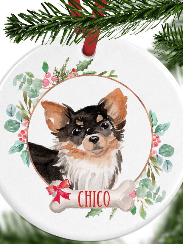 Long Haired Chihuahua Personalised Christmas Ornament for wholesale by WagATudeTags