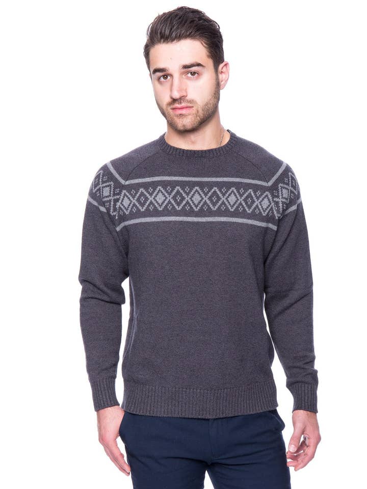 Suéter 100% algodão gola redonda com listra Fair Isle - carvão marl/preto por atacado de Tocco Reale