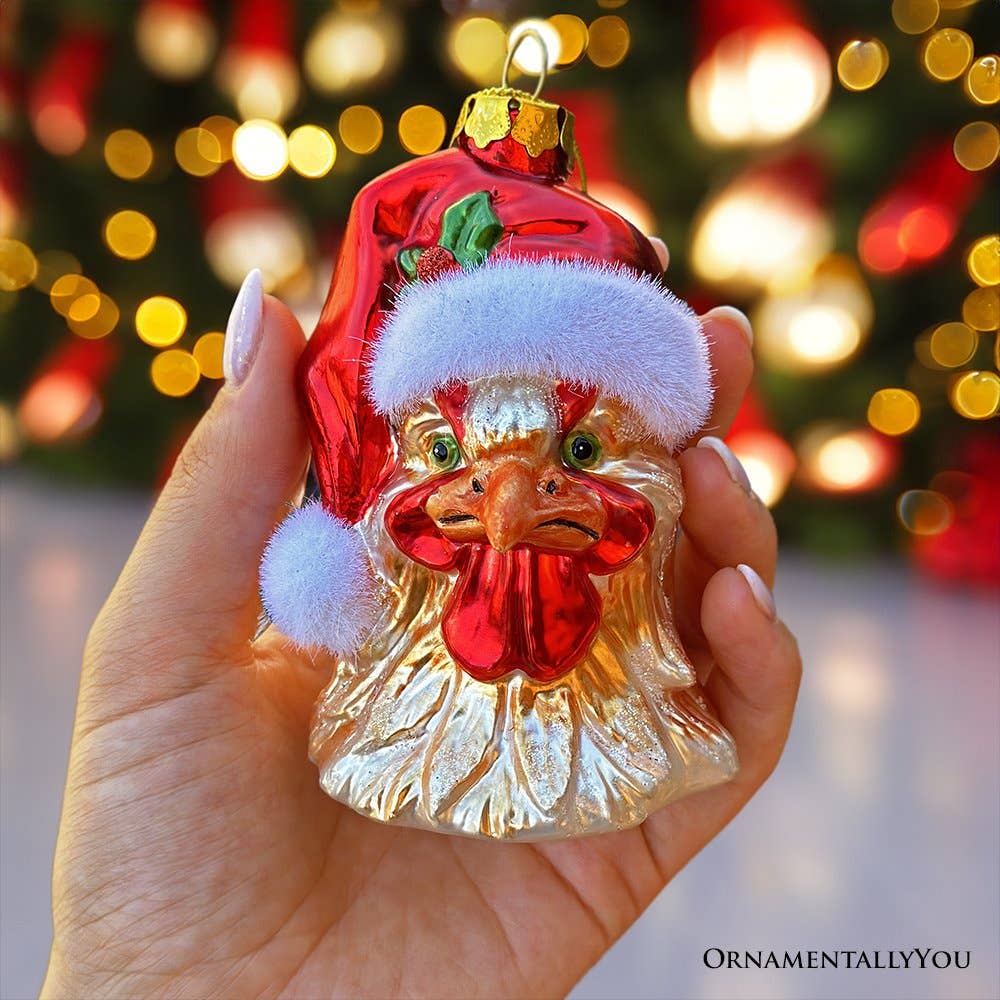 OrnamentallyYou - Vente Objets de décoration - Décoration de Noël en verre soufflé à la main en forme de coq avec chapeau de père Noël3