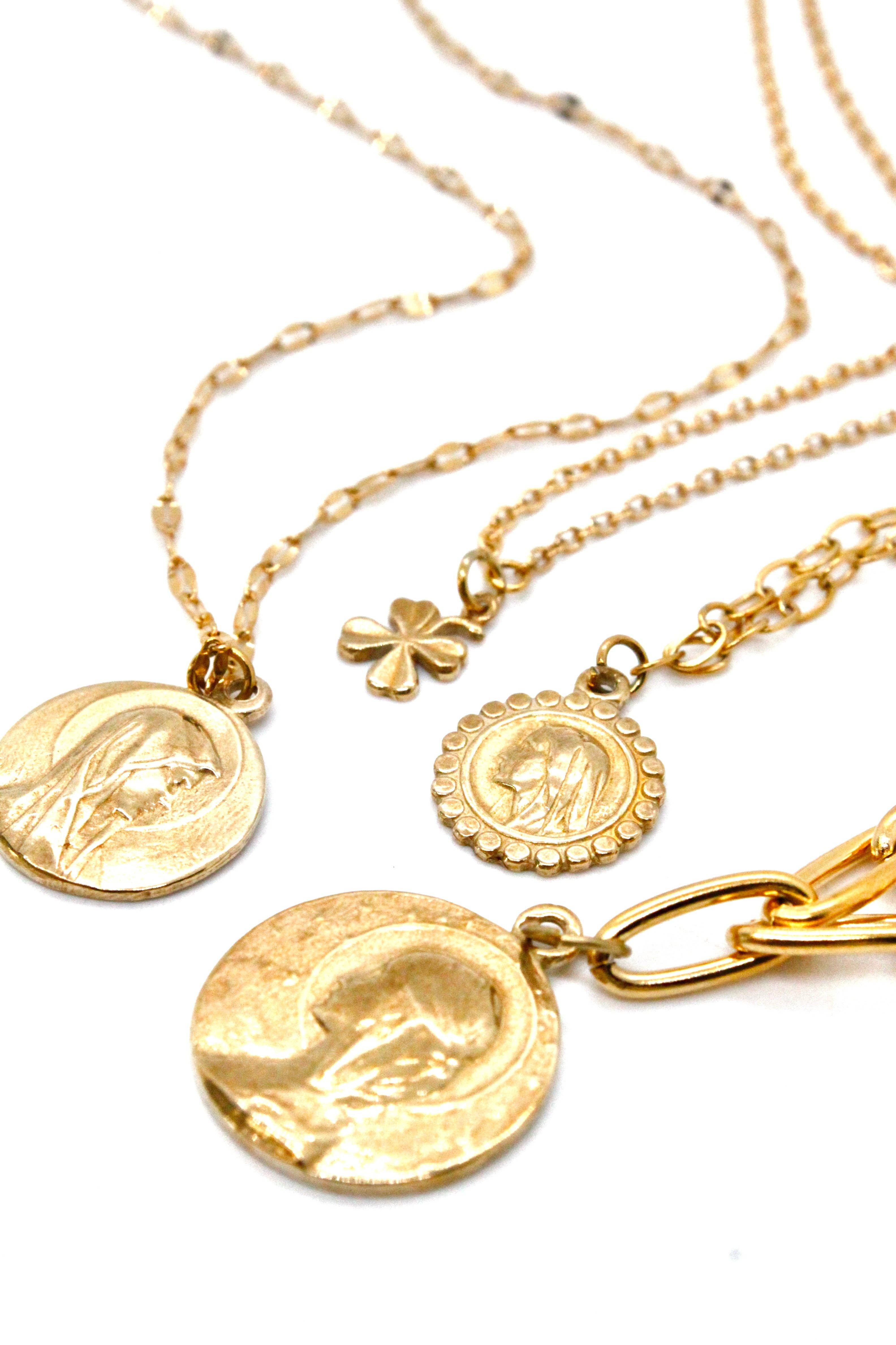 LIZOU - Wholesale Pendant/Charm Necklace - Gold Chain Necklace with Golden Bronze French Religious Medal -French Medals Collection-4