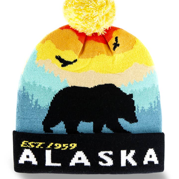 Alaska Bear Knit Beanie Hat with Sunset Sky and Pom Pom for wholesale by Northern Icons Creations INC
