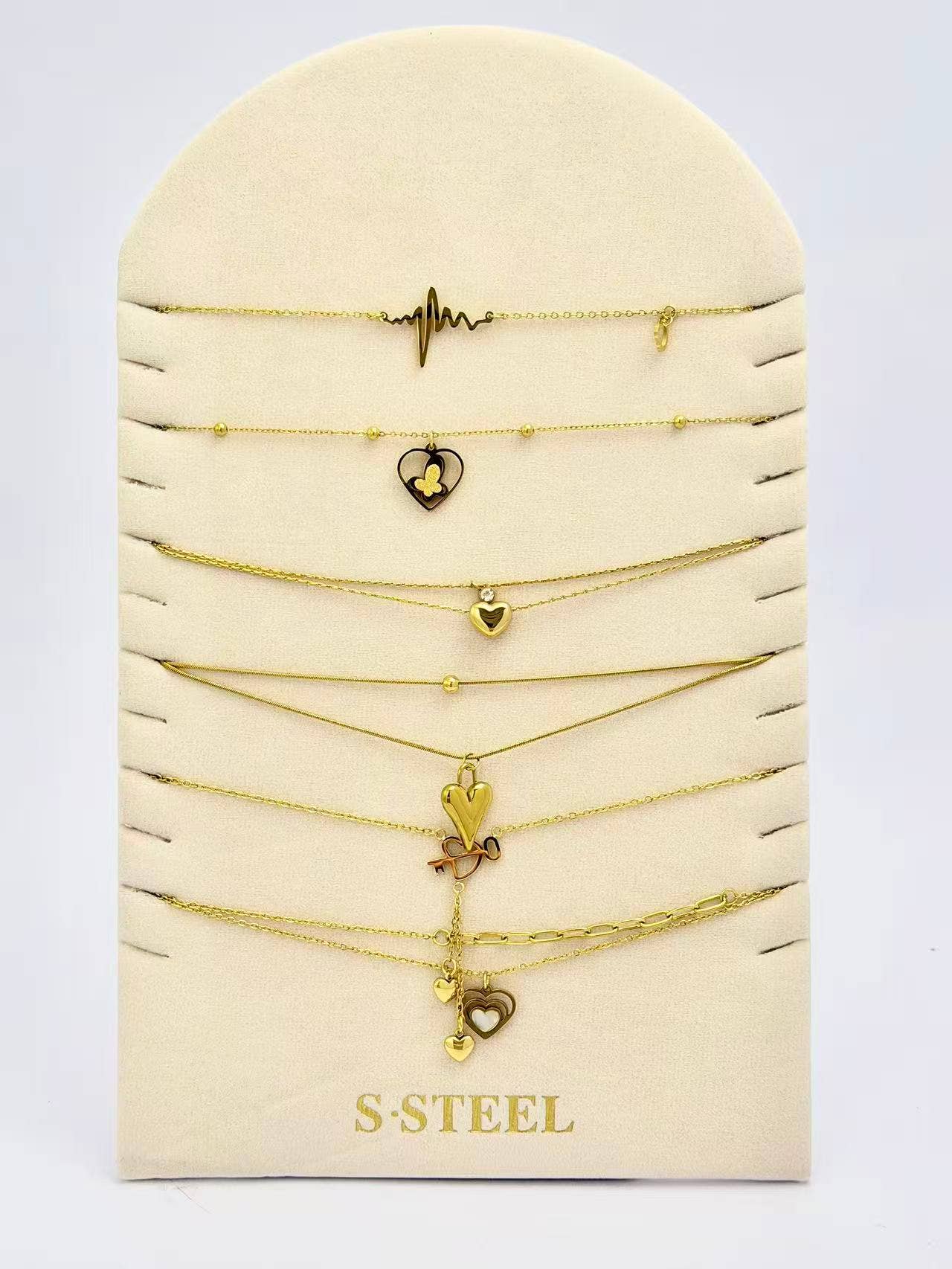 COSMOS - Wholesale Jewelry Set - SET OF 6 STEEL NECKLACES HEART PATTERN DISPLAY INCLUDED0