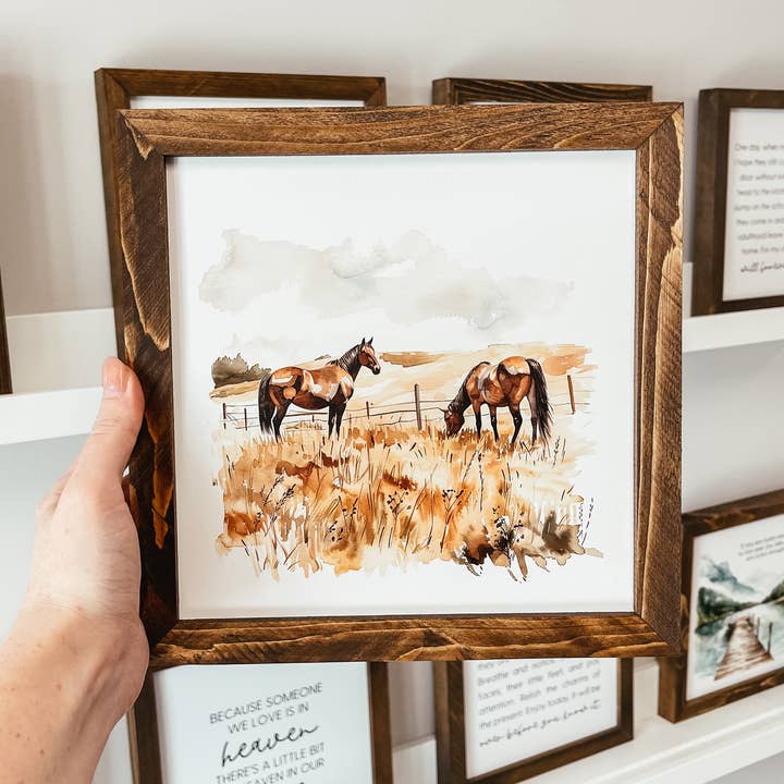 Watercolour Horses Framed Wood Sign for wholesale by Knotty Design Co.