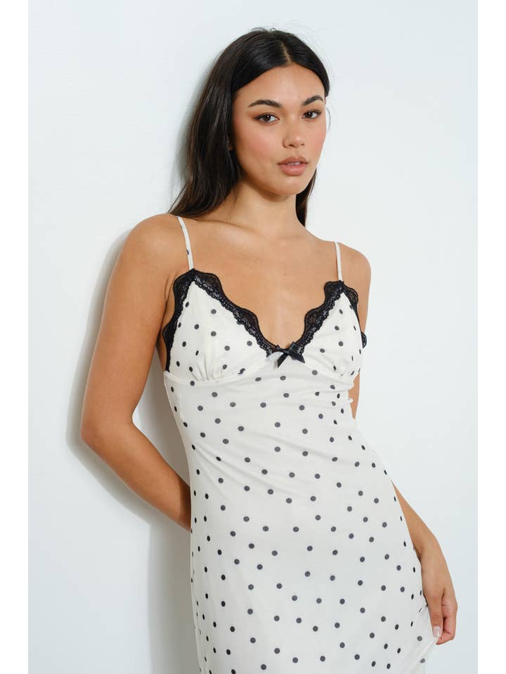 Ivory POLKA DOT MESH MAXI DRESS for wholesale on Faire