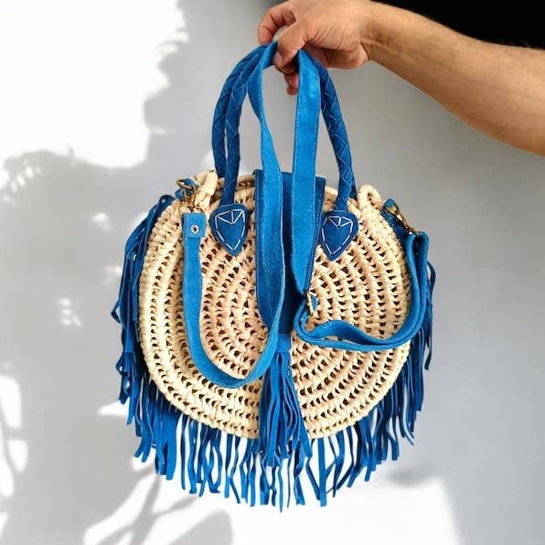 Wholesale Moroccan Round Straw Tote Bag with Blue Suede Fringe for