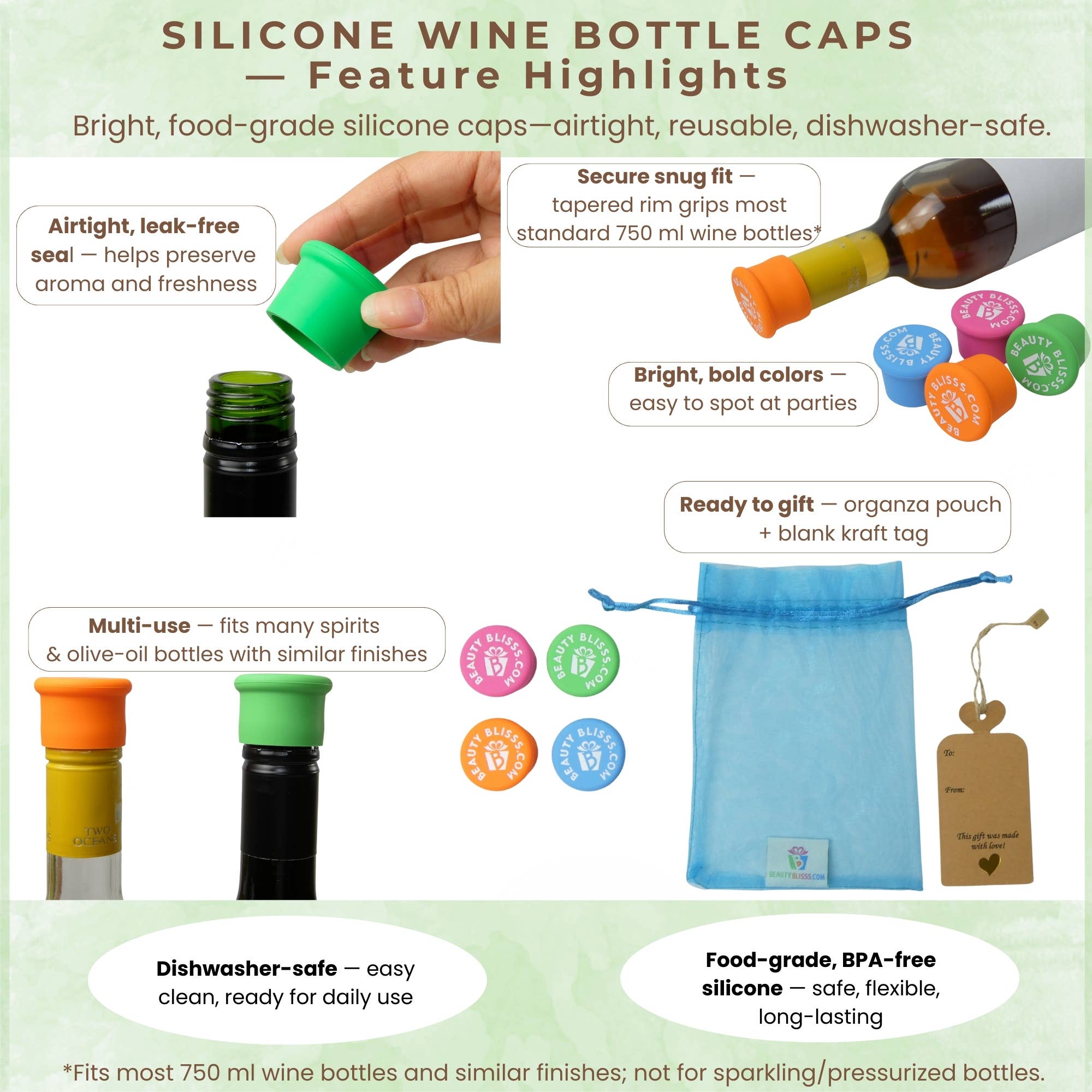 Beauty Blisss - Wholesale Wine Stopper - Silicone Wine Bottle Caps — Airtight, Reusable — 4-pc & 6-pc5