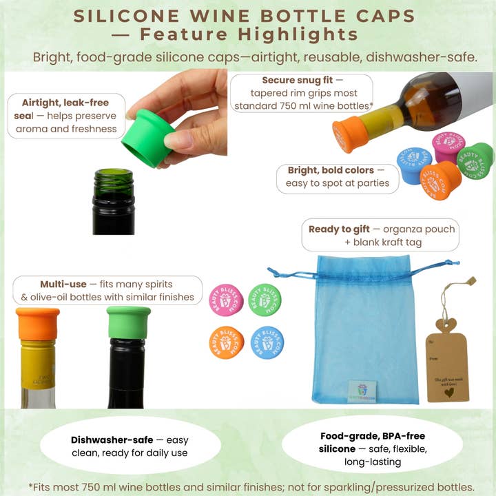 Beauty Blisss - Wholesale Wine Stopper - Silicone Wine Bottle Caps — Airtight, Reusable — 4-pc & 6-pc5