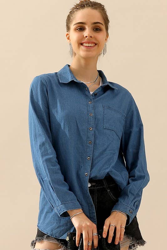 NINEXIS - Wholesale Button Down Shirt - Women's - CWTSTL088_DENIM CHAMBRAY BUTTON UP LONG SLEEVE TOP16