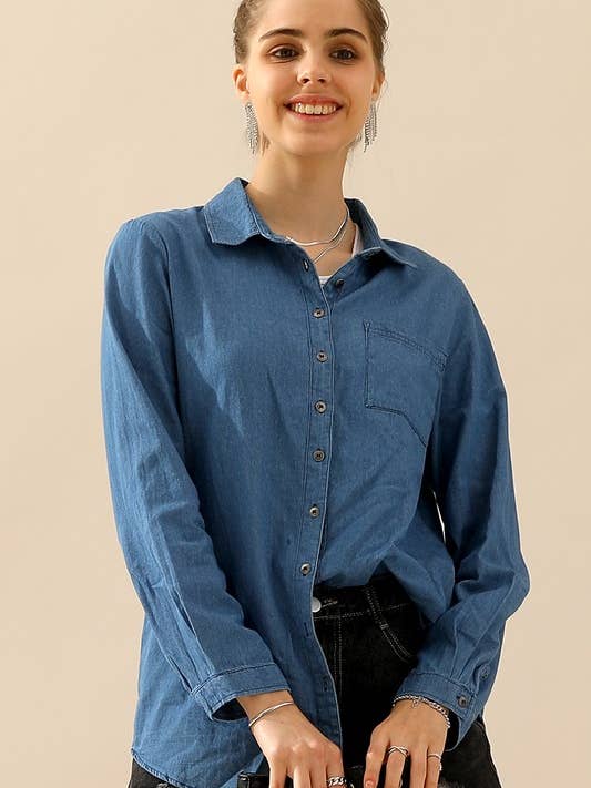 NINEXIS - Wholesale Button Down Shirt - Women's - CWTSTL088_DENIM CHAMBRAY BUTTON UP LONG SLEEVE TOP16