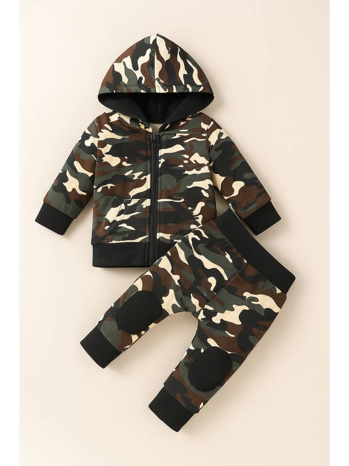 Fennco Styles - Vendita all'ingrosso Completo top e pantaloni - Neonati - Giacca e pantaloni camouflage per neonati con cappuccio