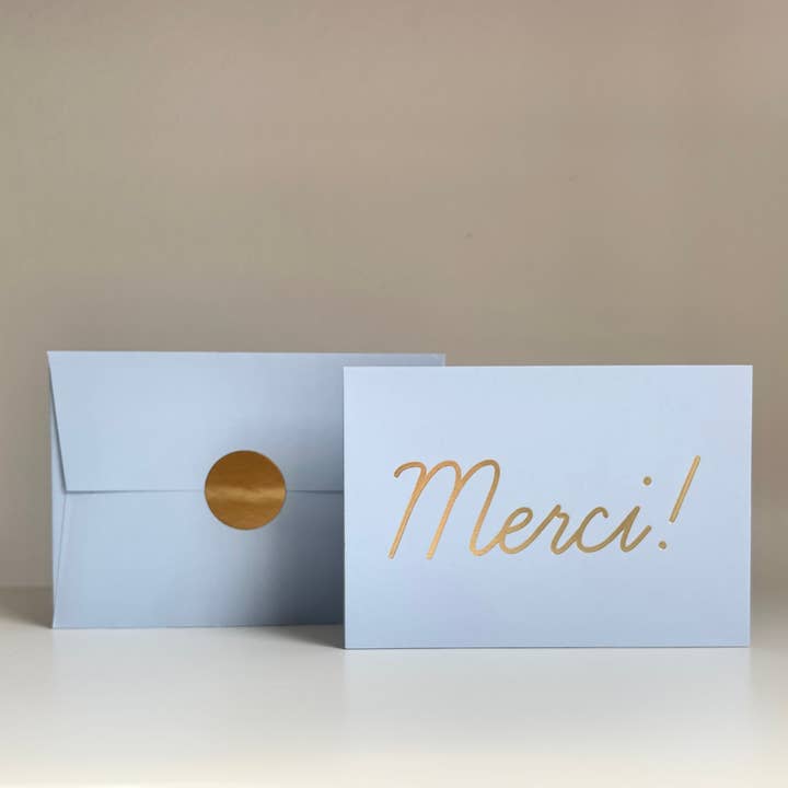 Merci! Thank You Card w gold foil + envelope seal - sky blue for wholesale by Yes! Paper Goods