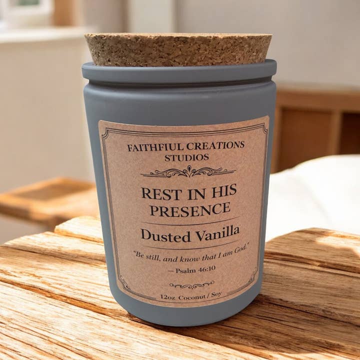 Rest in His Presence – Dusted Vanilla Candle for wholesale by Faithful Creations Studios | Candles