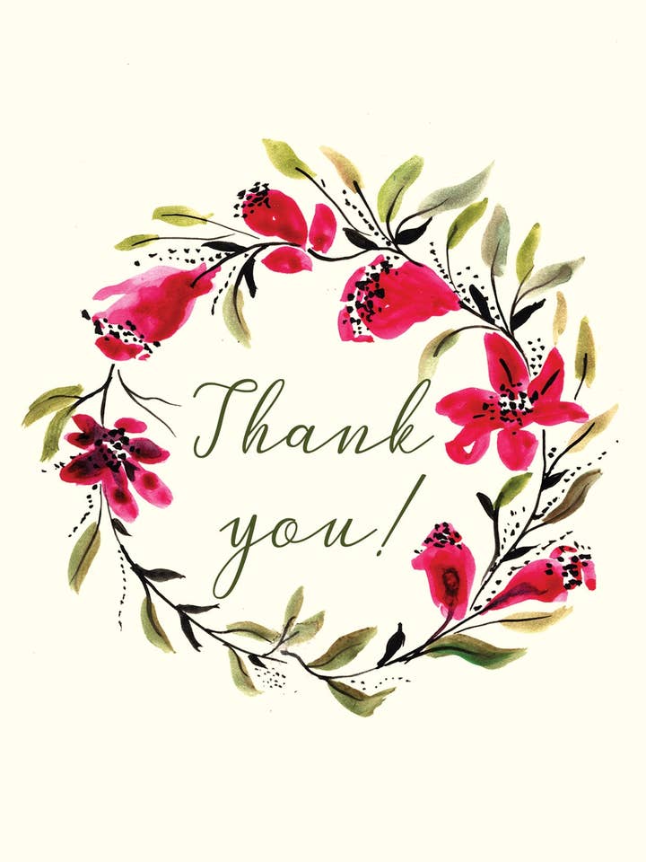 Thank You Greetings Card ( Red Flowers Wreath ) for wholesale by Maria Zvaric Illustration