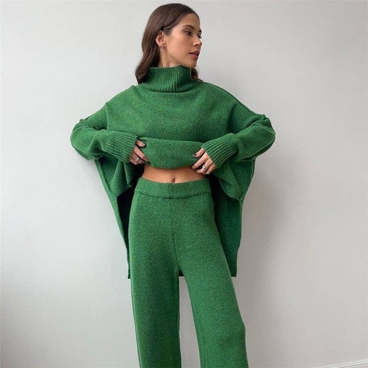 UZ Wholesale Store - Wholesale Lounge Set - Women's - Solid Color High Neck Sweater Knit Long Pants Set6