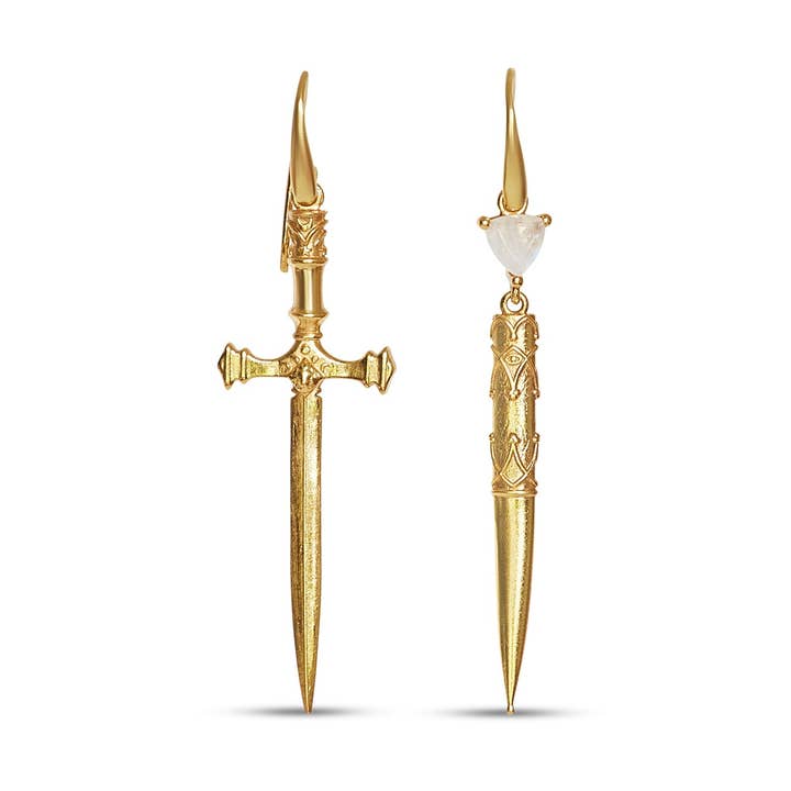 Dagger & Case Earrings Rainbow Moonstone Gold for wholesale by KYOTI