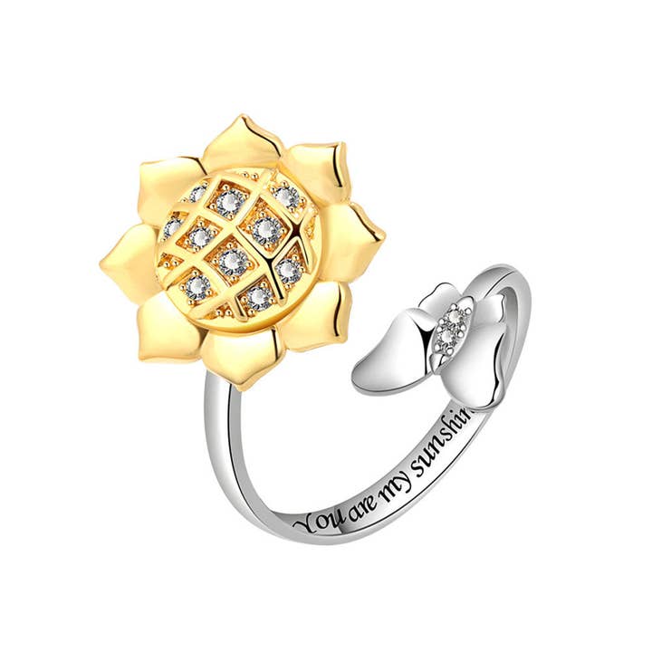 Silver Sunflower Anxiety Fidget Spinner Ring in Solid Copper for wholesale on Faire