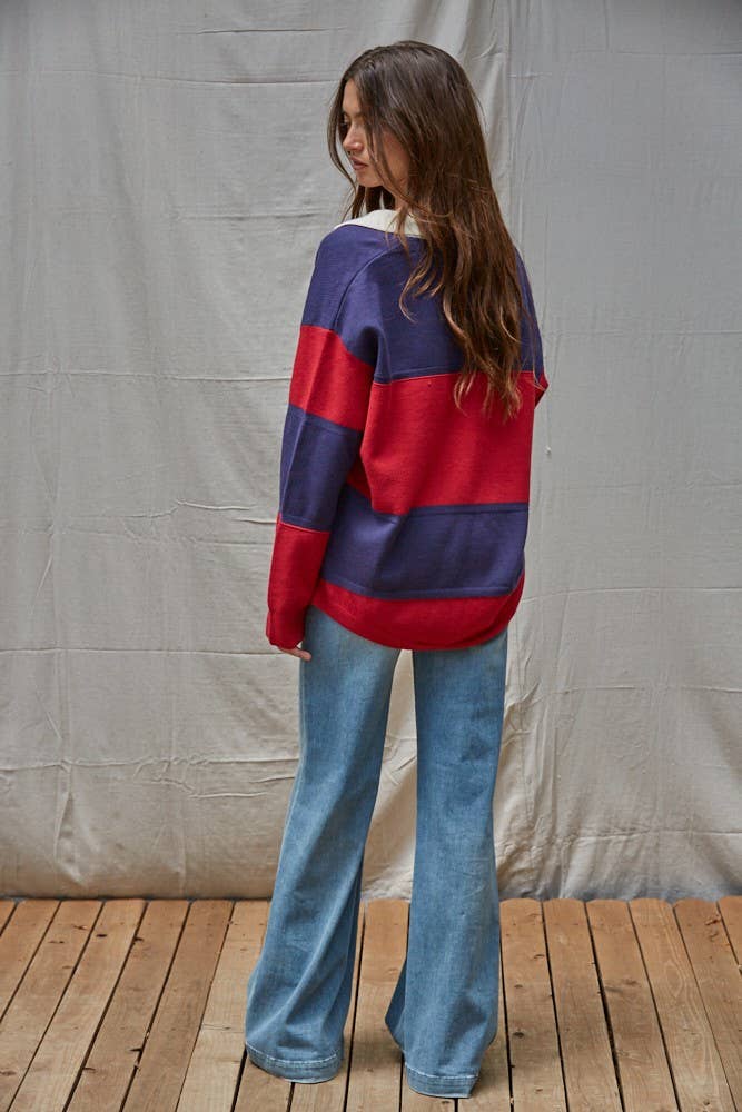 Navy Red W2225 | Knit Sweater Collared Rugby Pullover Top for wholesale on Faire2