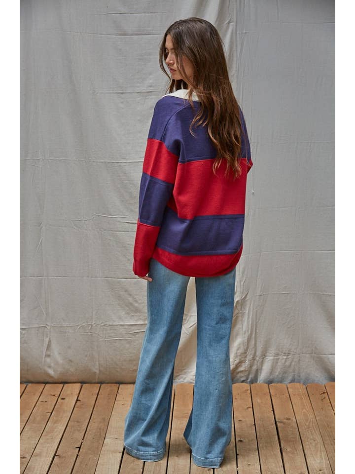 Navy Red W2225 | Knit Sweater Collared Rugby Pullover Top for wholesale on Faire2