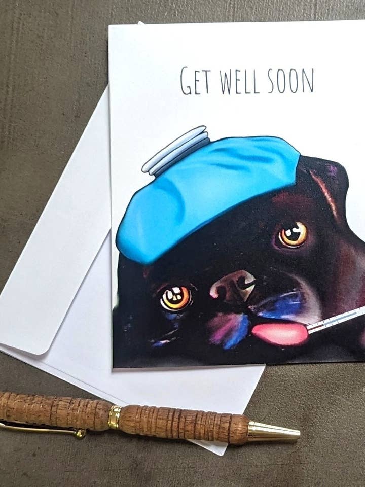 Get Well Soon Pug Sympathy Card - Thinking Of You for wholesale by Christina-Jane Norquay Art