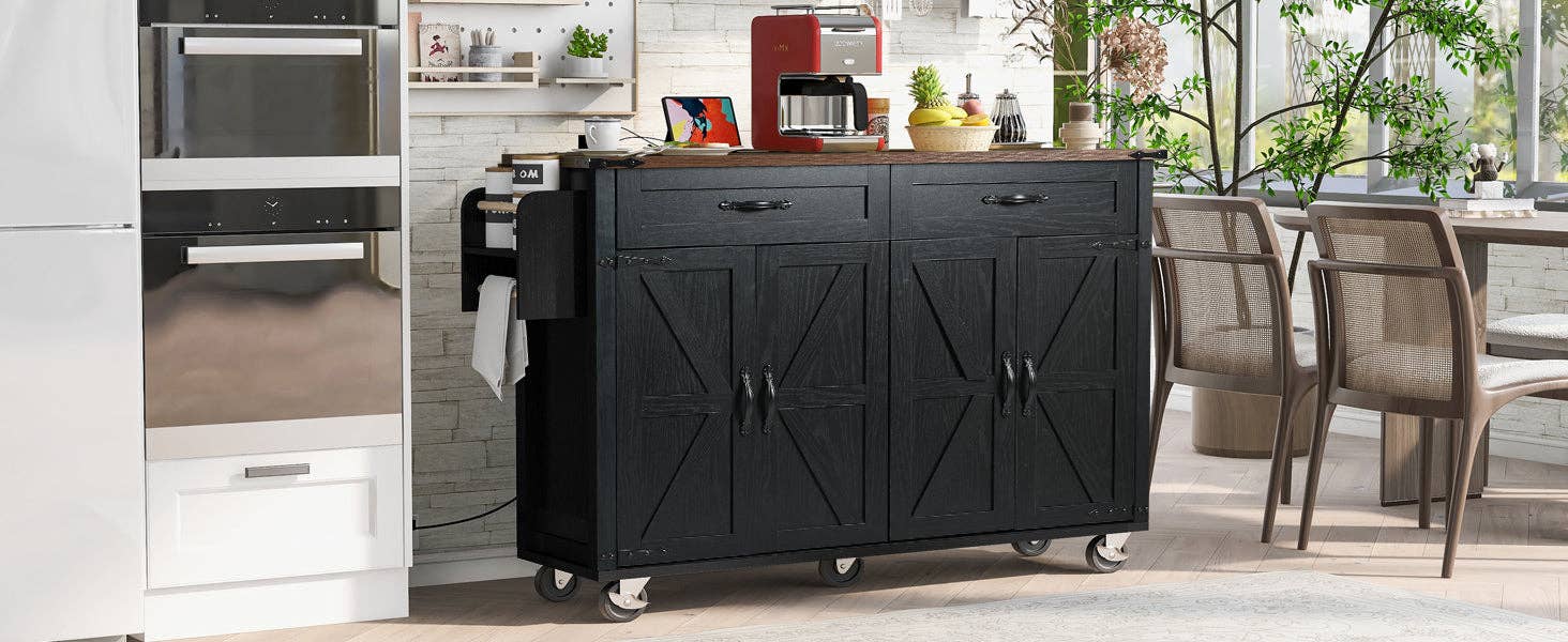 Orange County Decor - Wholesale Kitchen Storage/Organizer - K&K 53.5''Farmhouse Kitchen Island With Power Outlet, Kitchen Storage Island With Drop Leaf, Spice Rack And Drawer, Rolling Kitchen Cart On Wheels, For Home, Kitchen And Dining Room, Black Black7