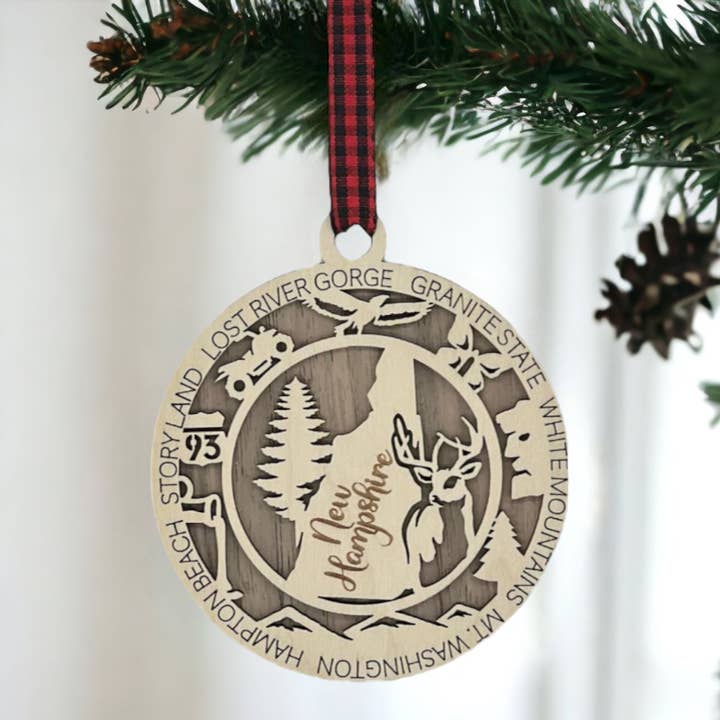 Woodlander Workshop - Wholesale Ornament - New Hampshire Highlights Christmas Holiday Ornament