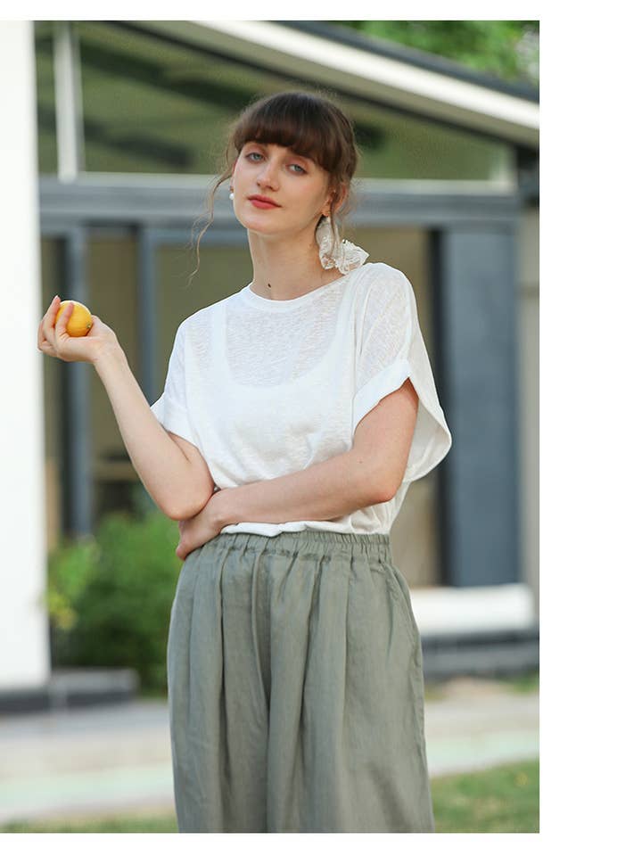 WHITE French slouchy cotton and linen blend T-shirt for wholesale on Faire2