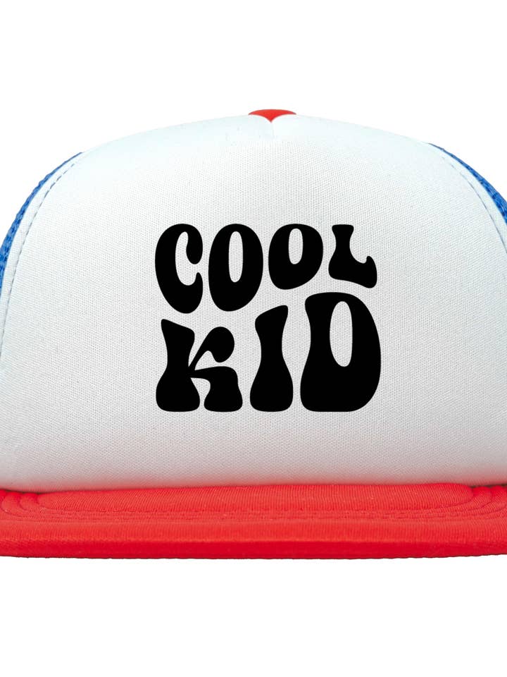 Flat Brim Trucker Hat - Cool Kid - Red/White/Royal Blue for wholesale by Funky Junque