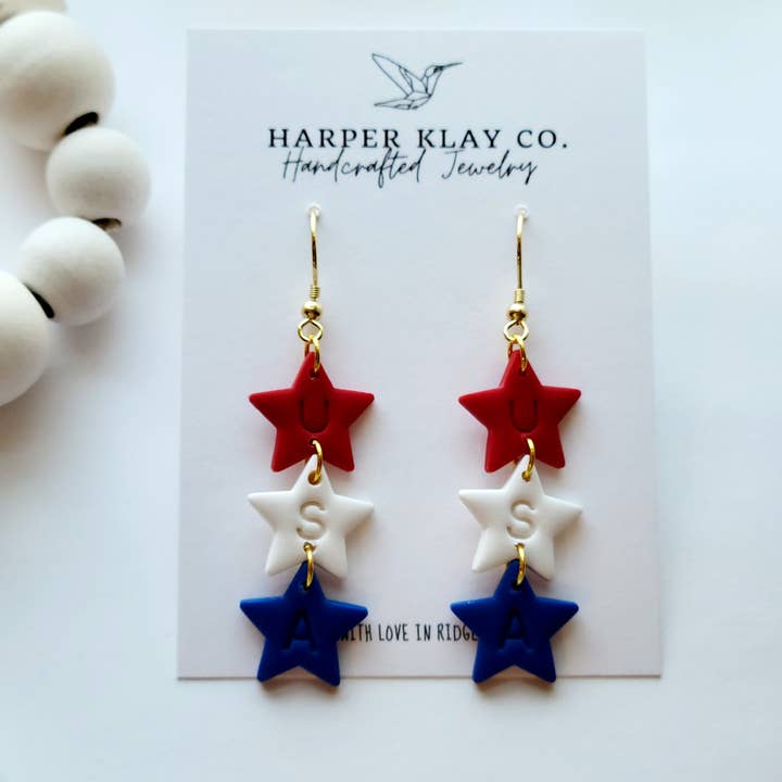 The USA Star Set-Polymer Clay 4th of July Dangle Earrings for wholesale by Harper Klay Co